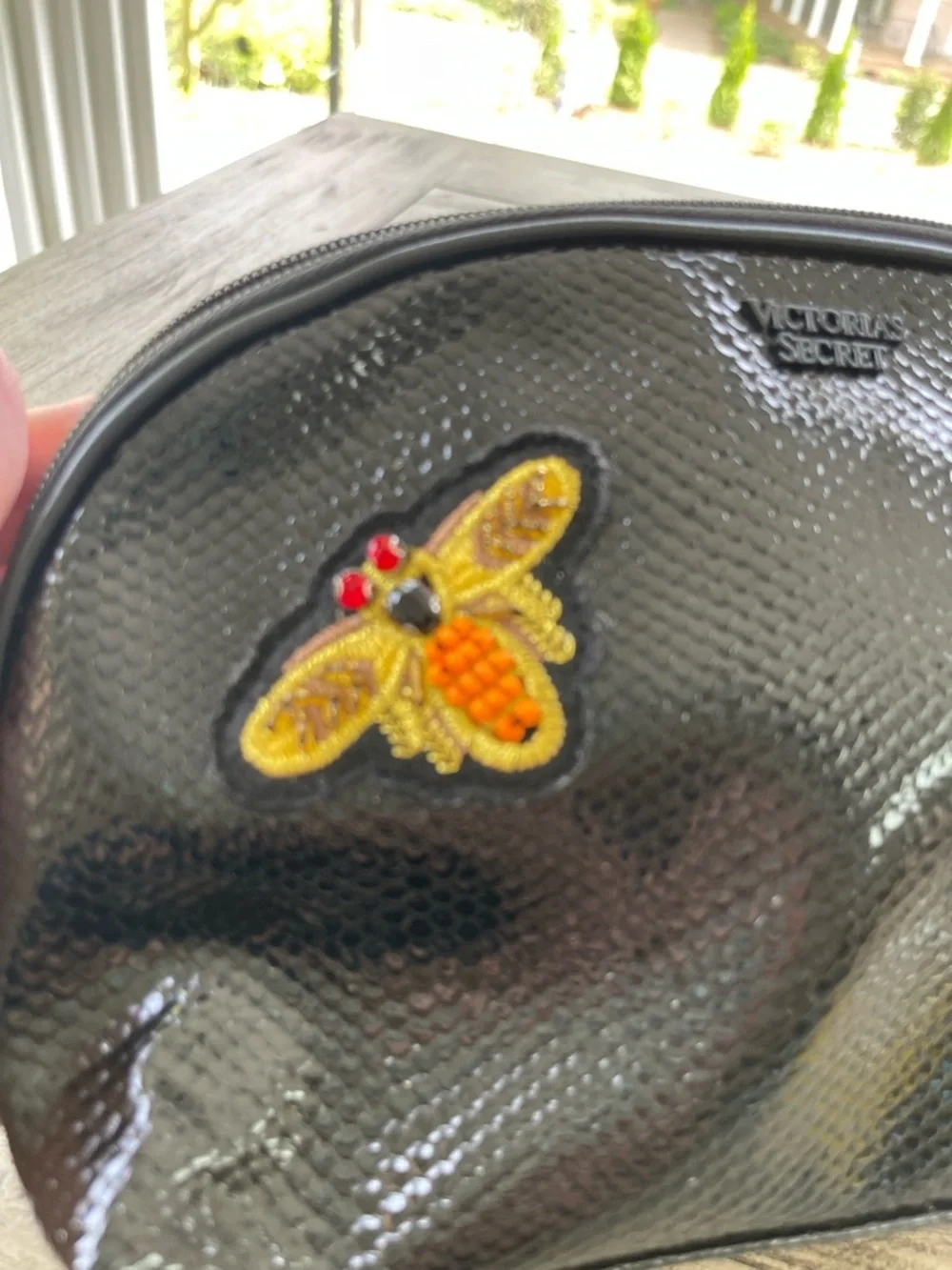 Victoria's Secret Black Textured Cosmetic Pouch with Insect Embellishments
